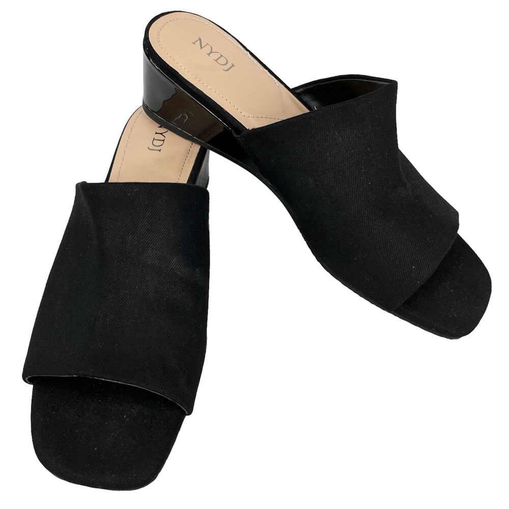 NYDJ Claudine Wedge Mule Sandals Black Canvas Slip-on 8 Patent Wedge New